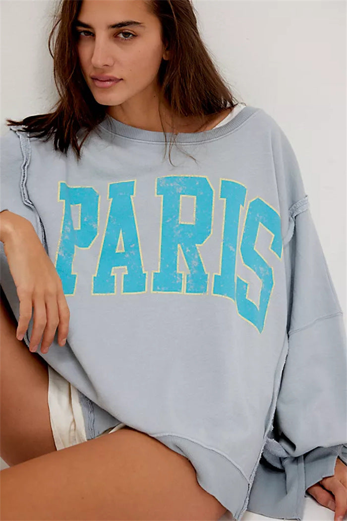 Women oversized sweatshirt with beet print, fringed seam accents and thumbhole sleeves Mune Fashion