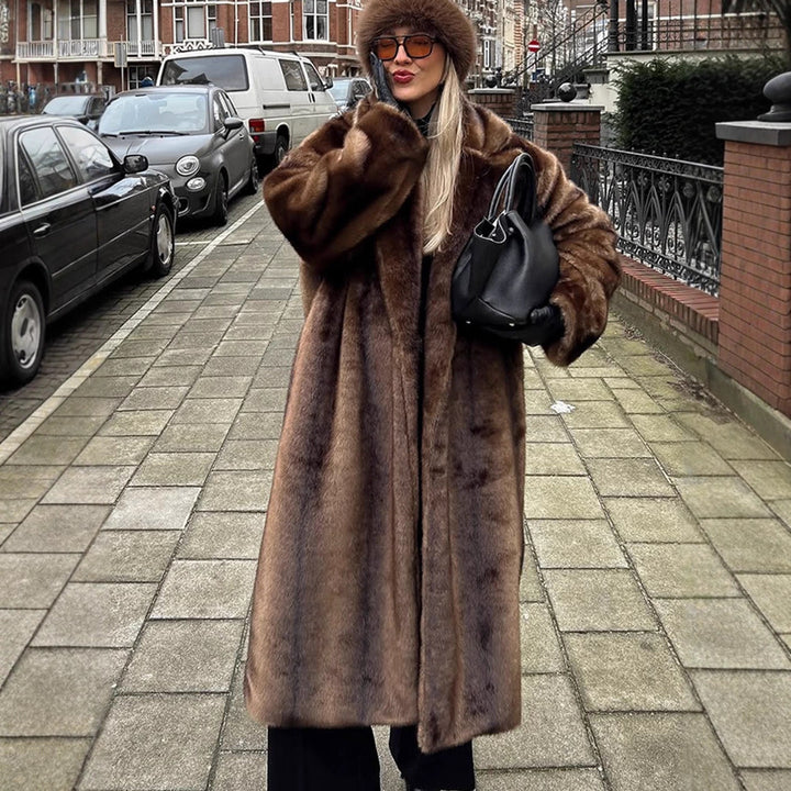 Women Luxurious Long Faux Fur Coat with Oversized Cut and Warming Lining Mune Fashion