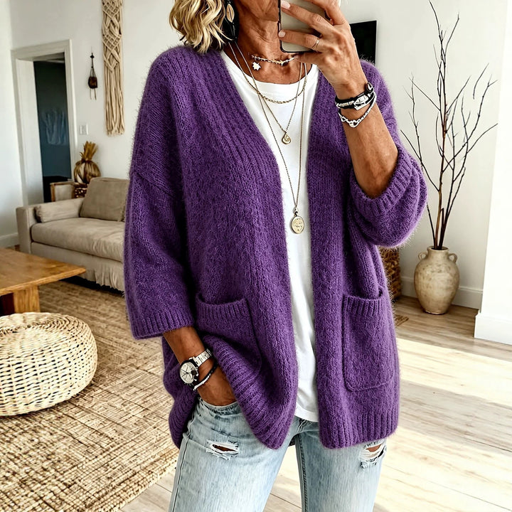 Women's Open Long Cardigan in Mohair Look with Patch Pockets and Dropped Shoulder Mune Fashion
