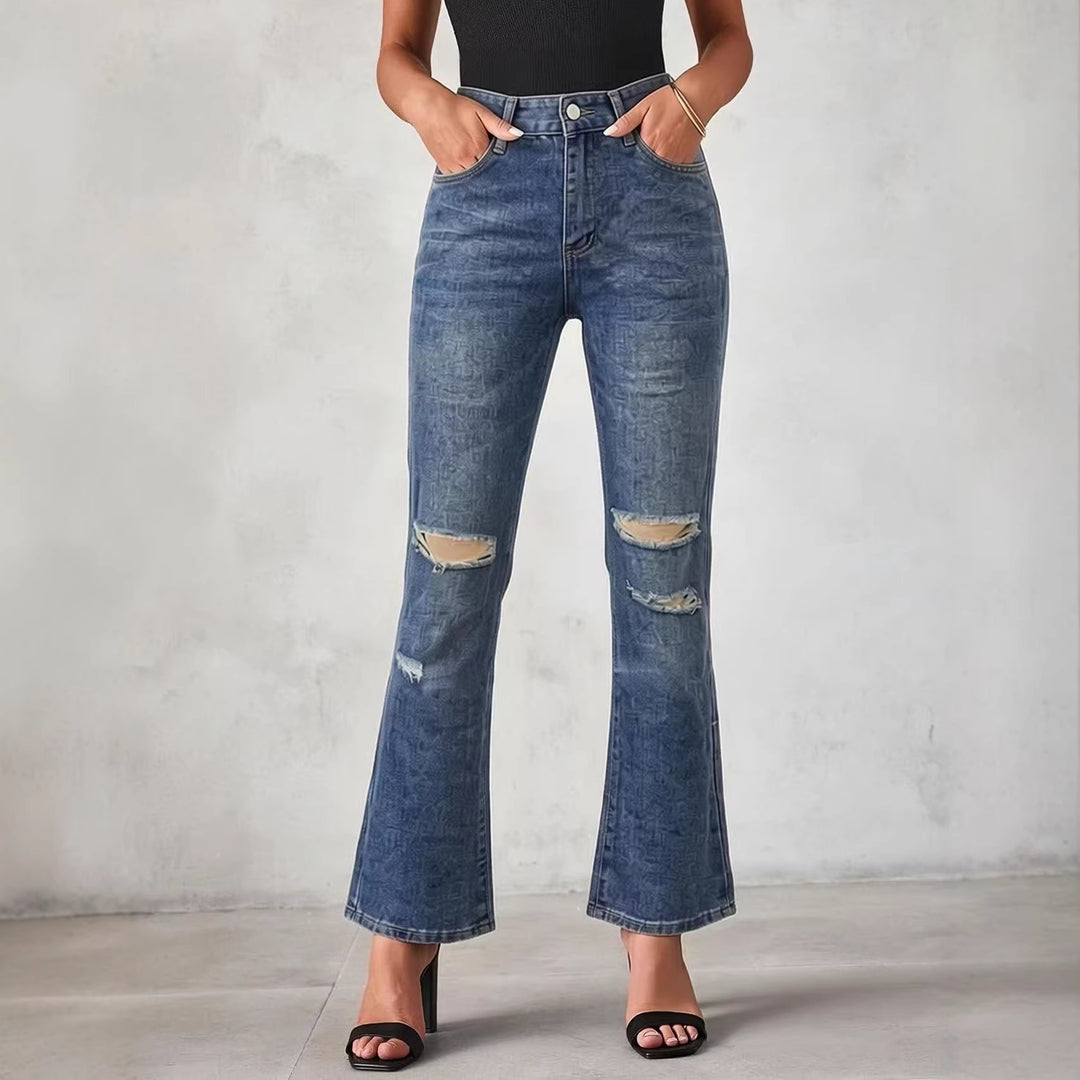 Women nan High-Waist flared jeans with distressed knee area and structured denim look Mune Fashion