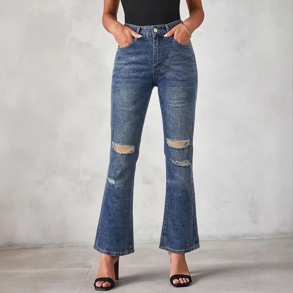 Women nan High-Waist flared jeans with distressed knee area and structured denim look Mune Fashion