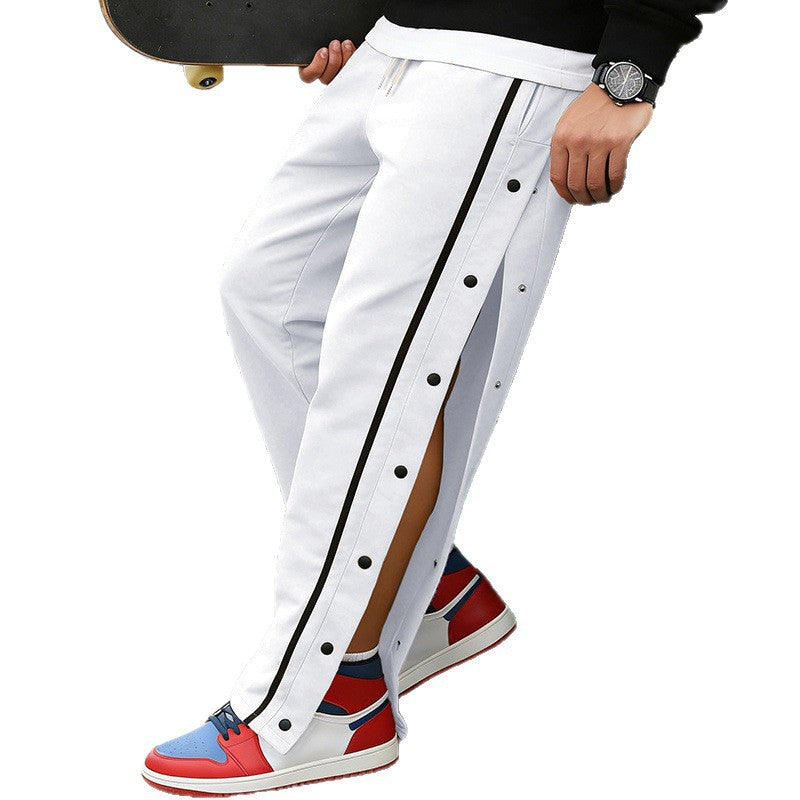Men's button placket sweatpants with side snap buttons and drawstring
