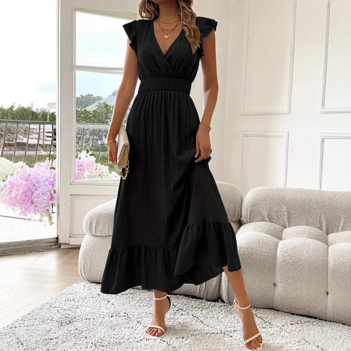 Women's Maxi Dress with Voluminous Ruffled Sleeves and Elegant Waist Mune Fashion