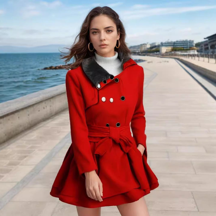 Women's Tailored Wool Mix Coat with Flared Skirt and Faux Fur Collar Mune Fashion