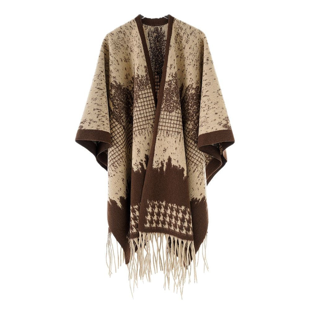 Women's Monochrome Jacquard Cape Poncho made of Wool Blend with Fringe and Oversize Fall Mune Fashion