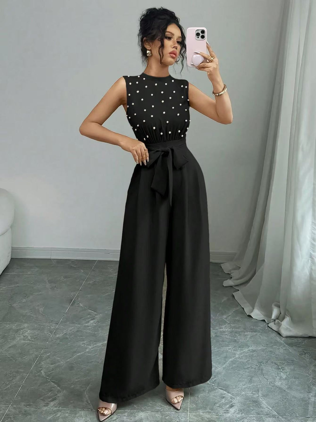 Women's Elegant Jumpsuit with Pearl Embellishment, Stand Collar and Wide Palazzo Leg Mune Fashion