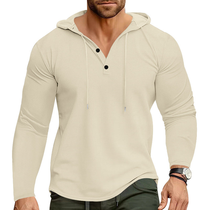 Men's body-hugging waffle texture Henley hoodie with half button placket and drawstring Mune Fashion