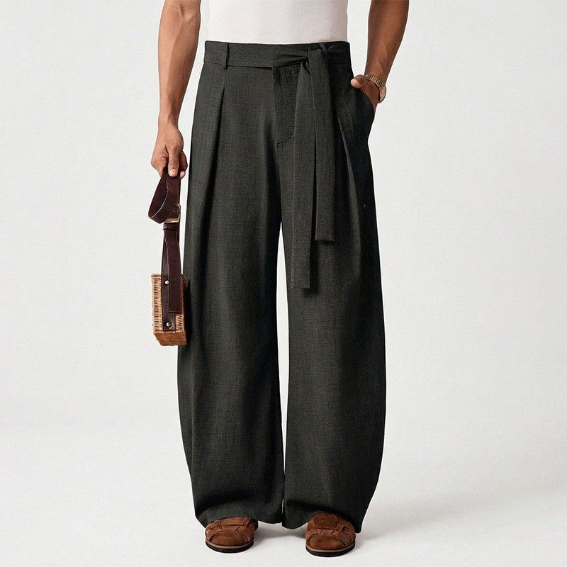 Men's loosely cut linen trousers with high waist and tie belt Mune Fashion