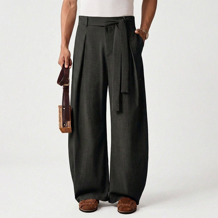 Men's loosely cut linen trousers with high waist and tie belt Mune Fashion