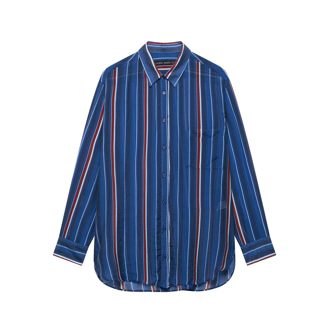 Women Oversize Shirt with Vertical Stripes and Chest Pocket Mune Fashion