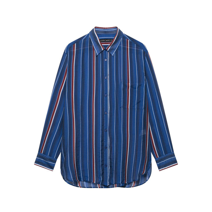 Women Oversize Shirt with Vertical Stripes and Chest Pocket Mune Fashion