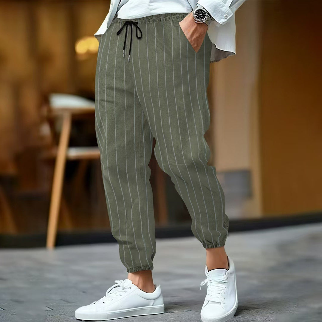 Men's striped linen look joggers with drawstring, elastic hem, and side pockets Mune Fashion