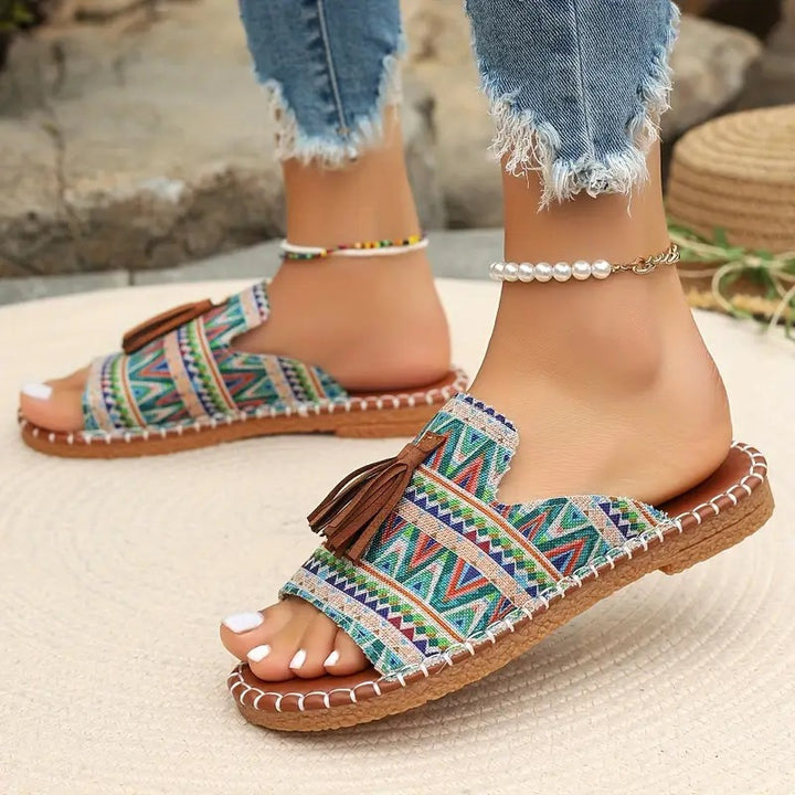 Ladies Ethno-slipper-sandals with tassel and hand-stitched decorative seam Mune Fashion