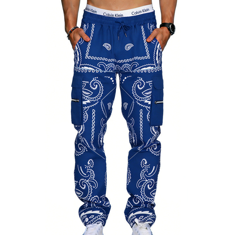 Men's cargo pants with bandana print, elastic waistband, and zipper pockets Mune Fashion