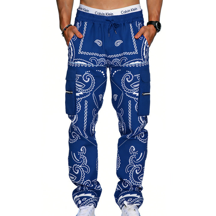 Men's cargo pants with bandana print, elastic waistband, and zipper pockets Mune Fashion