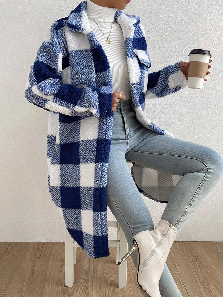 Women's longer teddy check coat with shirt collar, patch chest pockets and button placket Mune Fashion