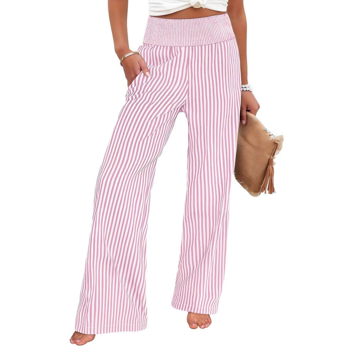 Women's Striped Palazzo Pants with High Ruffled Waist and Wide Leg Mune Fashion