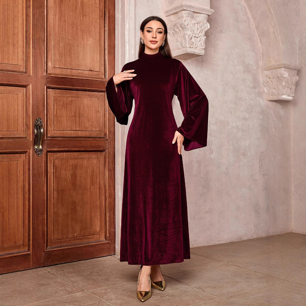 Women's maxi dress made of velvet with stand-up collar and bell sleeves Mune Fashion