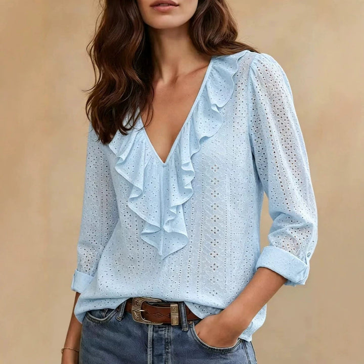 Ladies airy lace blouse with V-neck and ruffle Mune Fashion