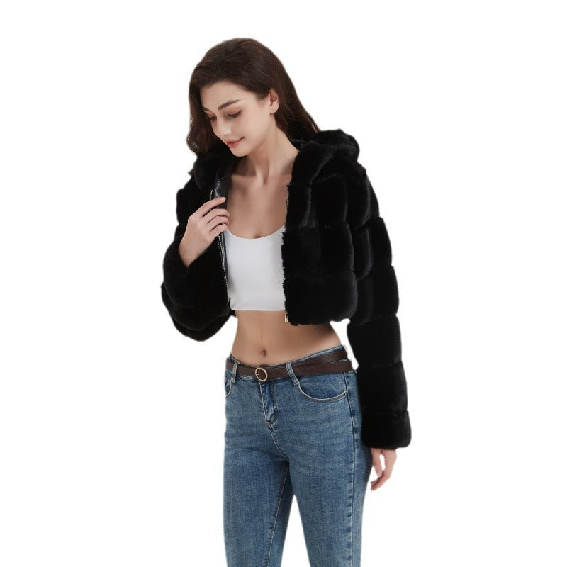 Women's Cropped Faux Fur Jacket with Quilted Panel Design and Hood Mune Fashion