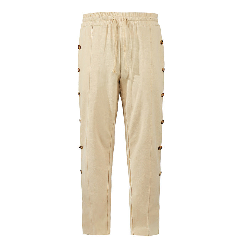 Men's Relaxed-Fit Casual Pants with Side Decorative Button Plackets, Elastic Waistband and Drawstring Mune Fashion