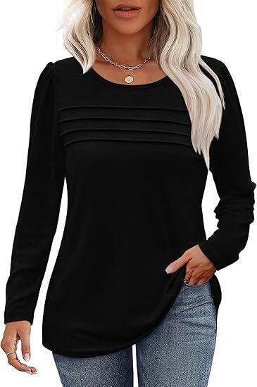 Women Fine Long Sleeve Shirt with Round Neck, Decorative Darts and Slightly Fitted A-Line Mune Fashion
