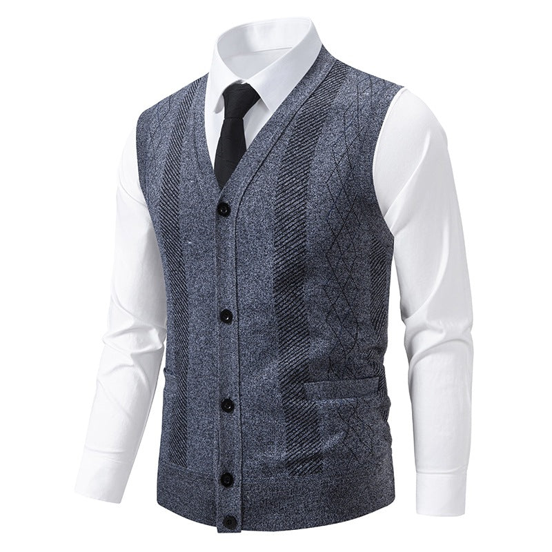 Men's Tailored Fine Knit Vest with V-Neck, Button Placket, and Side Pockets Mune Fashion