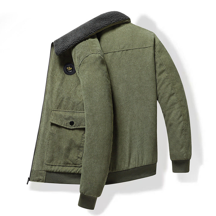 Men's cord jacket with teddy collar, patch flap pockets, and elastic cuffs.