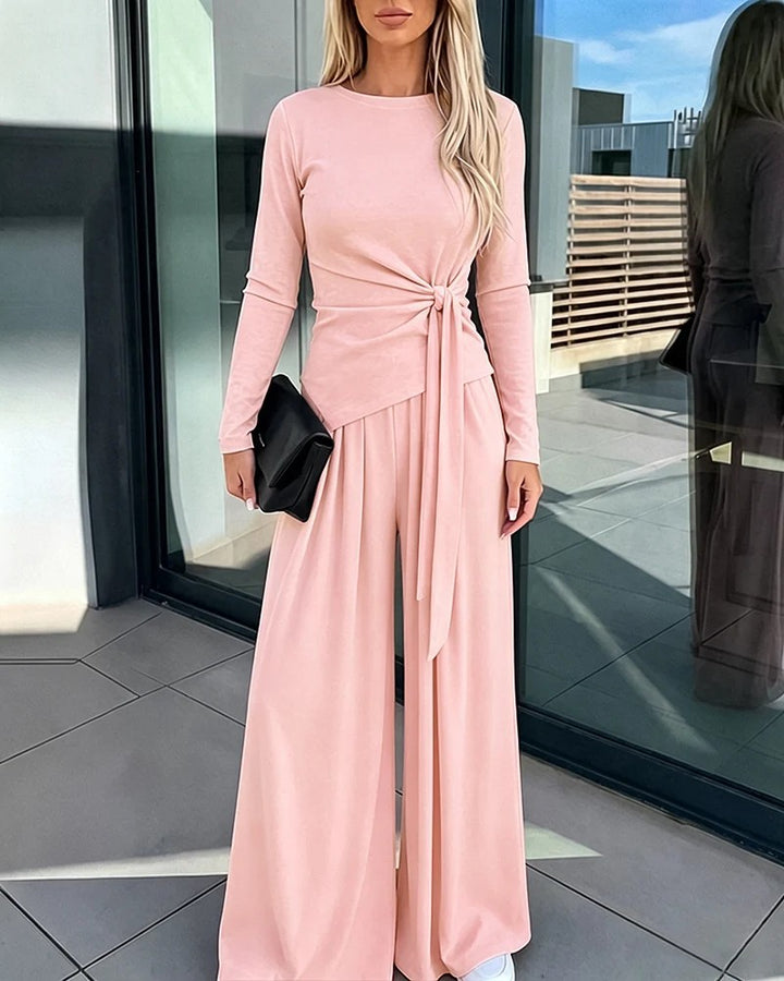 Women Elegant Wrap Top with Wide Pants Mune Fashion