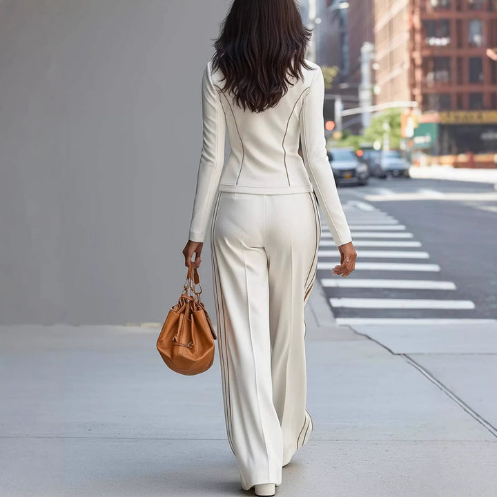 Women's Tailored Stand-Up Collar Blouson with Zipper and Wide Palazzo Pants with Piping Mune Fashion