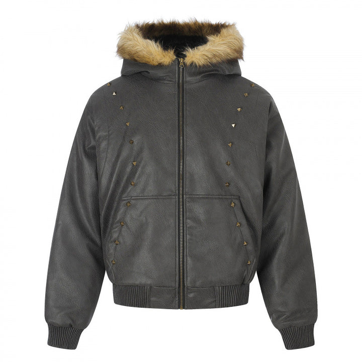 Women's Hooded Jacket in Leather Look with Studded Trim, Faux Fur Collar and Ribbed Hem Mune Fashion