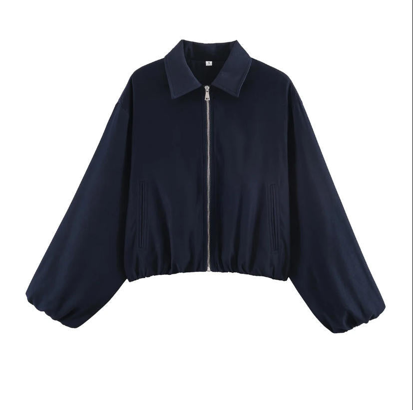 Women Shortened Bomber Jacket in Harrington Style with Balloon Sleeves and Elastic Hem Mune Fashion