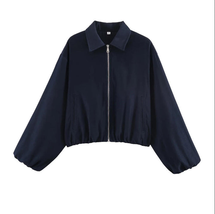 Women Shortened Bomber Jacket in Harrington Style with Balloon Sleeves and Elastic Hem Mune Fashion