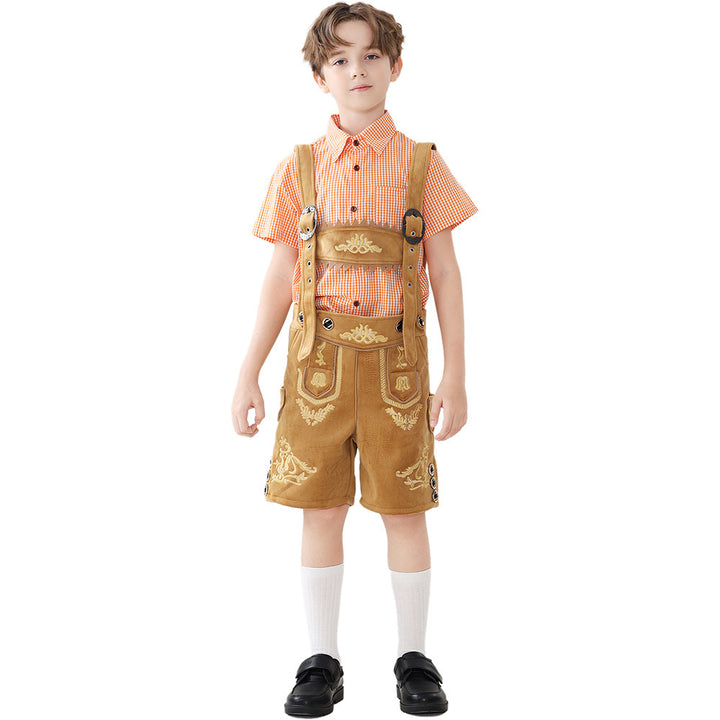 Unisex traditional children's leather trousers with adjustable suspenders and elaborate embroidery Mune Fashion