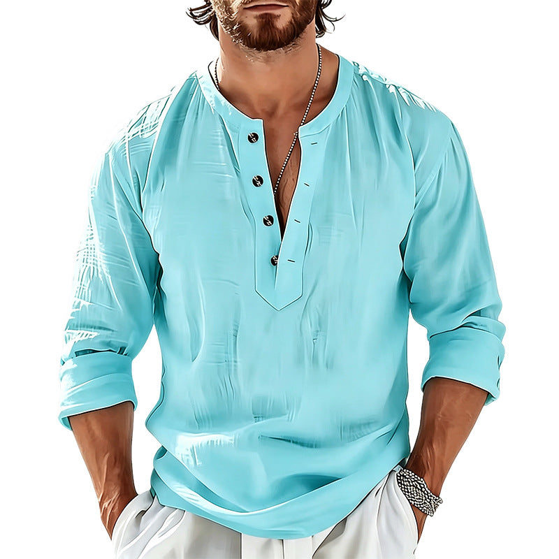 Men's Lightweight Linen Henley Long Sleeve Shirt with Mandarin Collar Mune Fashion
