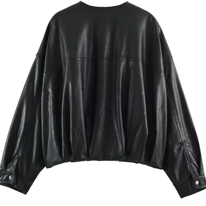 Ladies Wide Cut Cropped Bomber Jacket made of Faux Leather with Round Neckline Mune Fashion