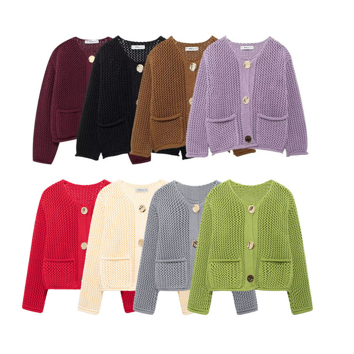Women's cardigan with open mesh structure, decorative buttons and patch pockets Mune Fashion