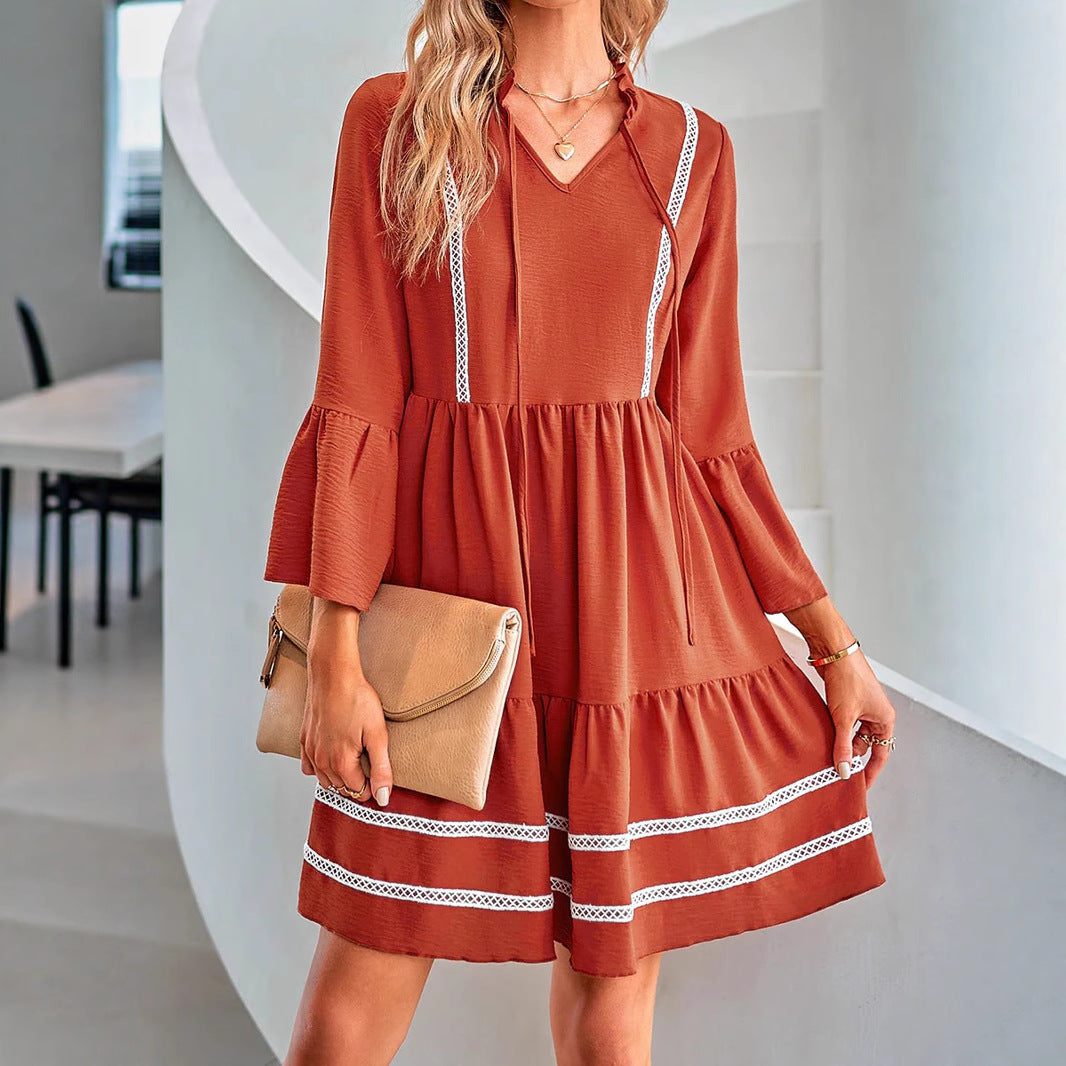 Women Layered Tunic Dress with V-Neck, Drawstring and Bell Sleeves Mune Fashion