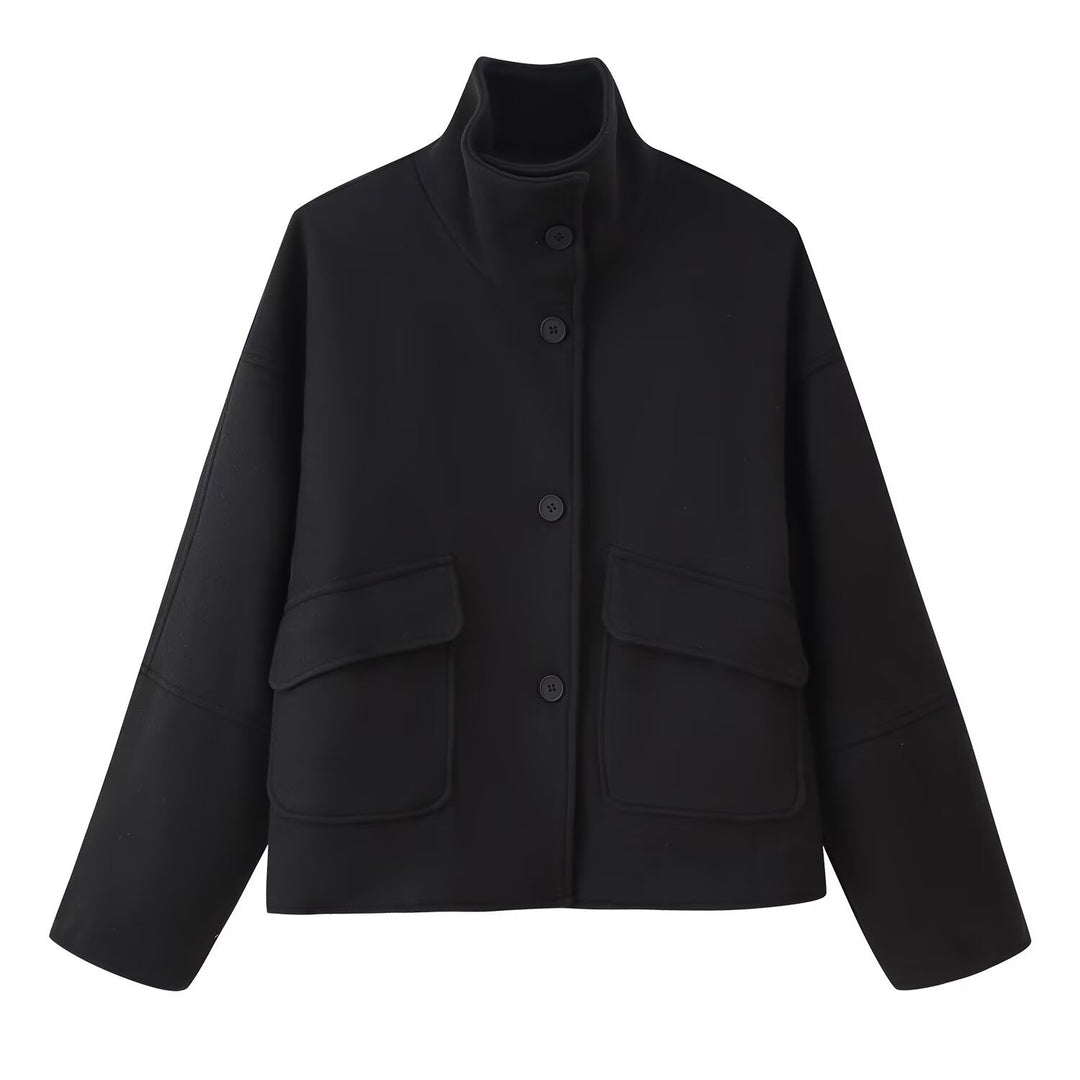 Women's Boxy Short Jacket made of Wool Blend with Stand-up Collar and Flap Pockets Mune Fashion