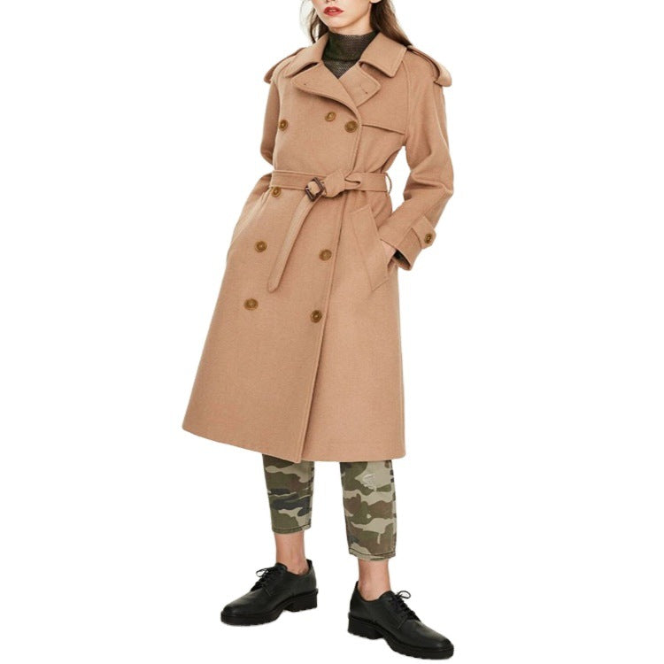 Women's Mid-Length Double-Breasted Wool Blend Trench Coat with Epaulettes and Belt Mune Fashion