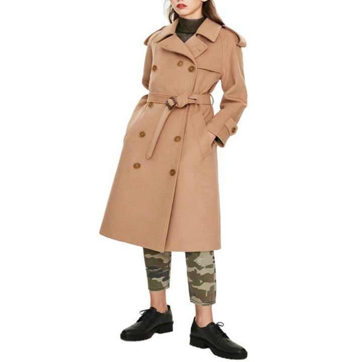 Women's Mid-Length Double-Breasted Wool Blend Trench Coat with Epaulettes and Belt Mune Fashion