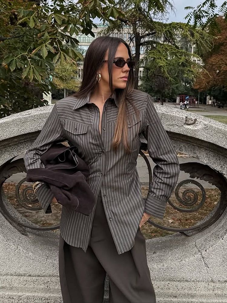 Women's Tailored Striped Shirt Blouse with Breast Pockets and Extended Hem Mune Fashion