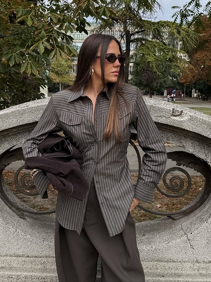 Women's Tailored Striped Shirt Blouse with Breast Pockets and Extended Hem Mune Fashion