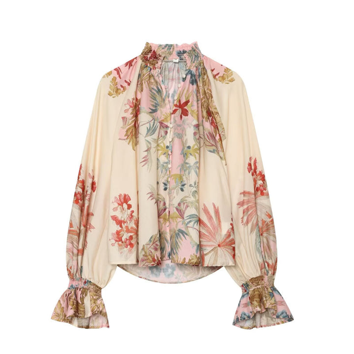 Women's Flowing Silk-like Blouse with Ruffle Collar, Button Placket and Balloon Sleeves Mune Fashion