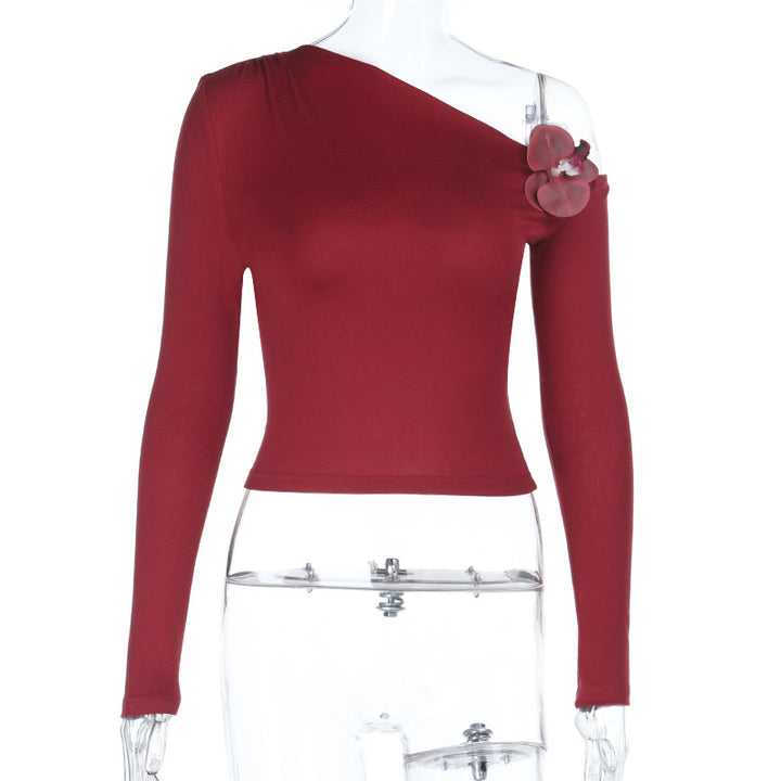 Women's Asymmetric One-Shoulder Long Sleeve Shirt with Floral Appliqué Mune Fashion