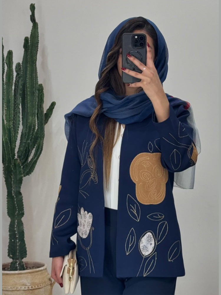 Women open cardigan blazer with floral embroidery & appliqués Mune Fashion