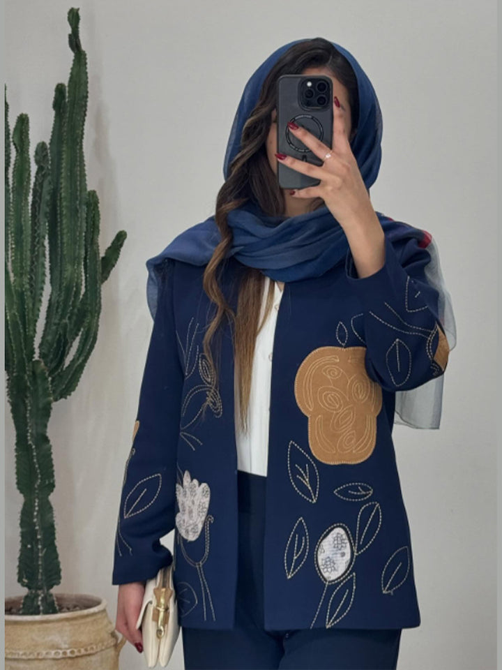 Women open cardigan blazer with floral embroidery & appliqués Mune Fashion