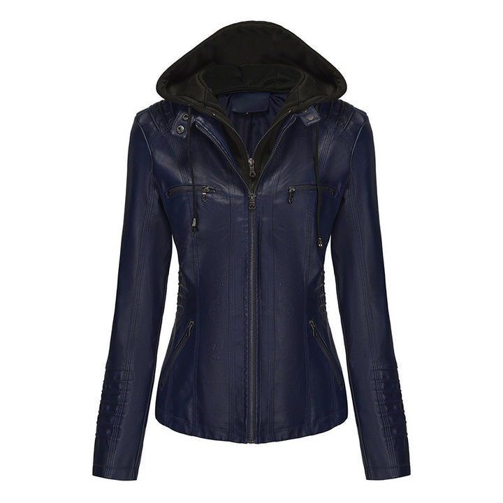 Women Tailored Faux Leather Jacket with Removable Hood and Zipper Mune Fashion