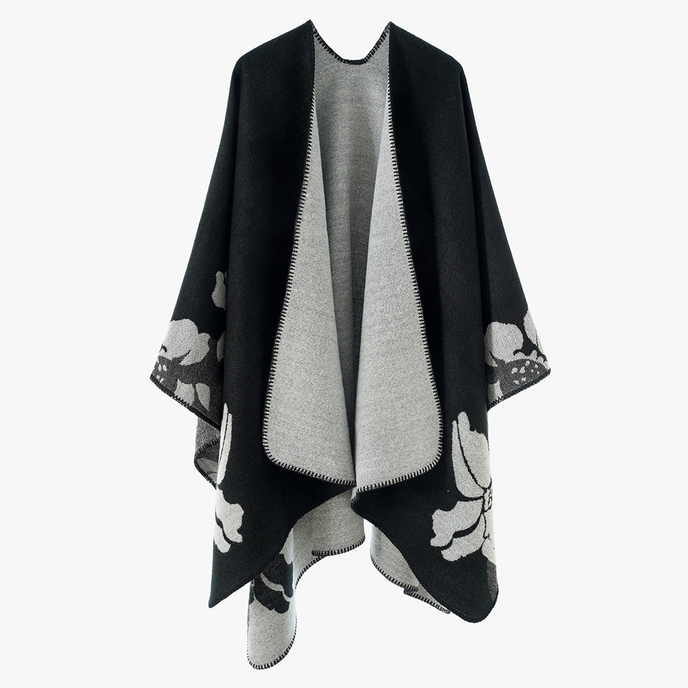 Women's Reversible Wool Blend Cape with Floral Jacquard and Open Draping Mune Fashion
