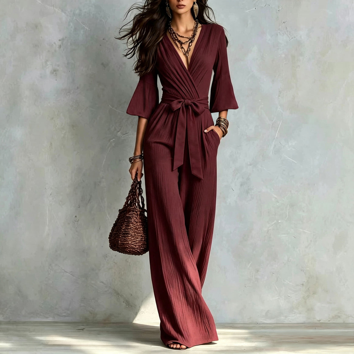 Women's Jumpsuit Wrap Look with Wide Leg, Waist Belt and Bell Sleeves Mune Fashion